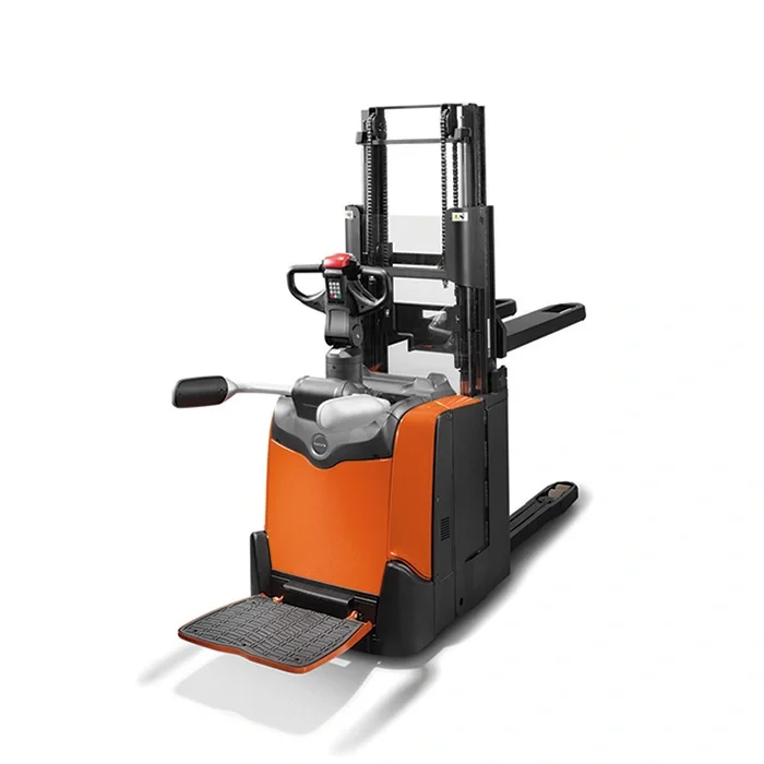 BT Staxio SPE200DN, electric stacker with double load handling, platform, and side guards. Product photo taken from the back at an angle.
