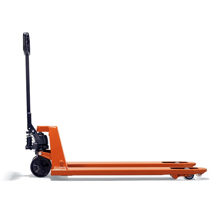 Toyota Lifter LHM230 hand pallet truck. Product photo from the side. 
