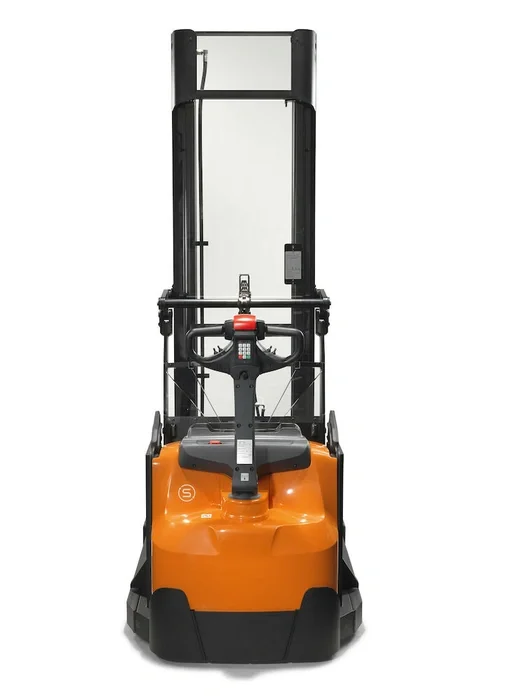 BT Staxio SWE120XR, electric walkie stacker with reach mast. Product photo taken from the back.