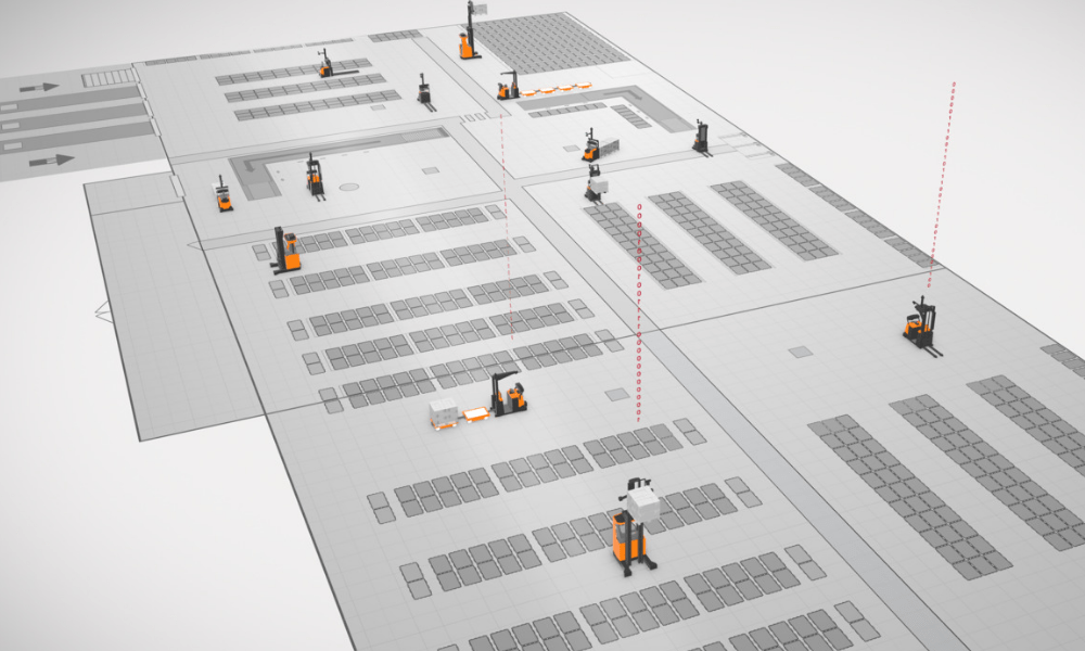 Illustration of warehouse trucks connected to the T-One system