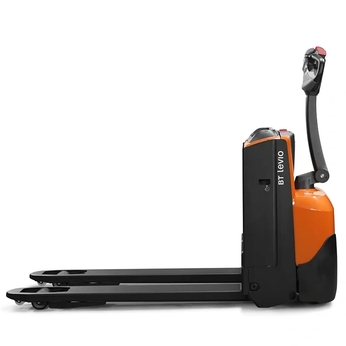 BT Levio LWE160 powered pallet truck, electric walkie low-lifter. Product photo taken from the side. 