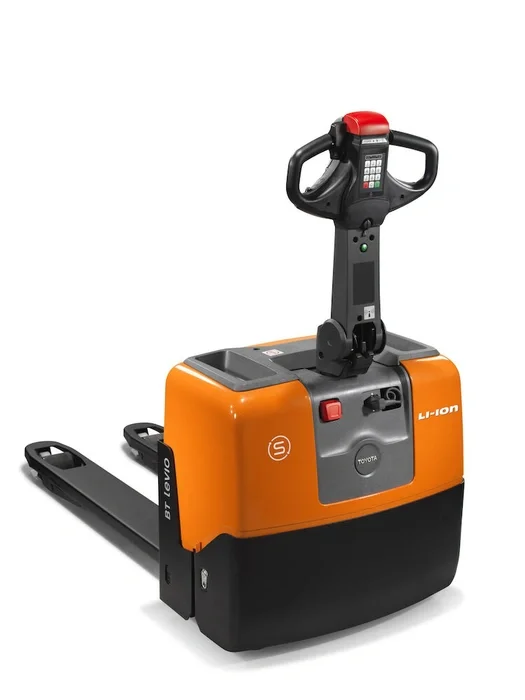 BT Levio LWE130 powered pallet truck, electric walkie low-lifter. Product photo taken from the back at an angle. 