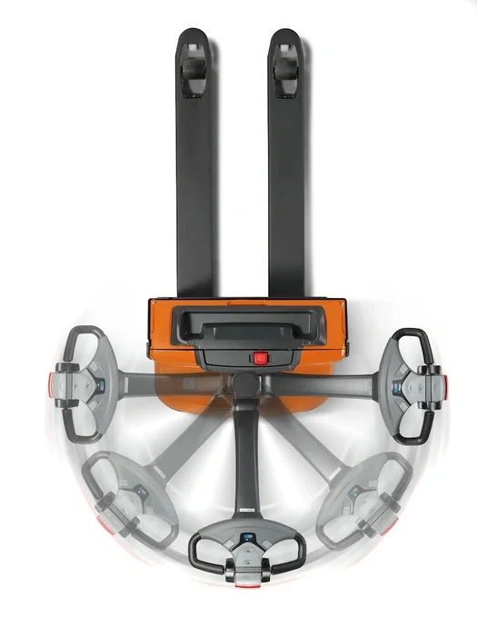 BT Levio LWE160 powered pallet truck, electric walkie low-lifter. Details photo taken from above illustrating steering angles.