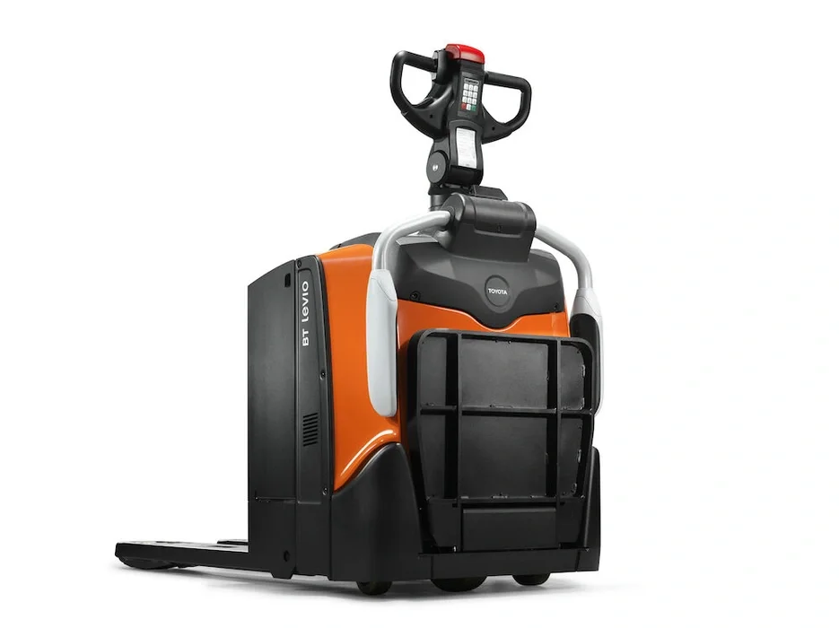 BT Levio LPE200B powered pallet truck, electric low-lifter with platform. Product photo taken from the back at an angle. 
