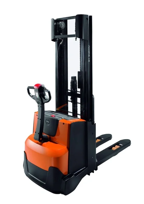 BT Staxio SWE140L electric walkie stacker with elevating support arms and platform. Product photo taken from the back at an angle.  