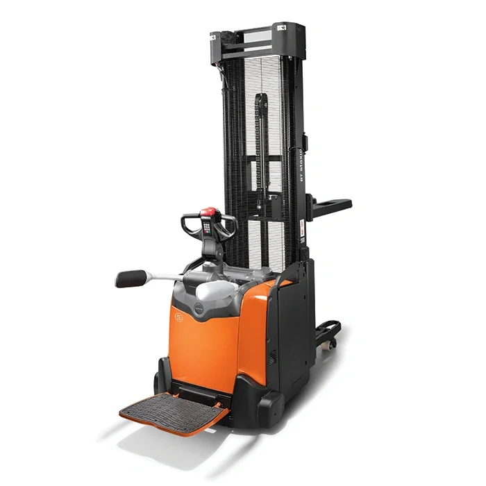 BT Staxio SPE160L, electric stacker with elevating support arms, platform, and side guards. Product photo taken from the back at an angle.