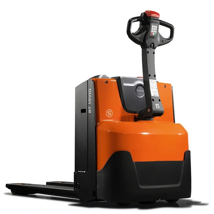 BT Levio LWE140 powered pallet truck, electric walkie low-lifter. Product photo taken from the back at an angle. 