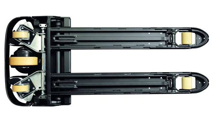 BT Levio LWE powered pallet truck, electric walkie low-lifter. Details photo of truck underside showing the wheel setup. 