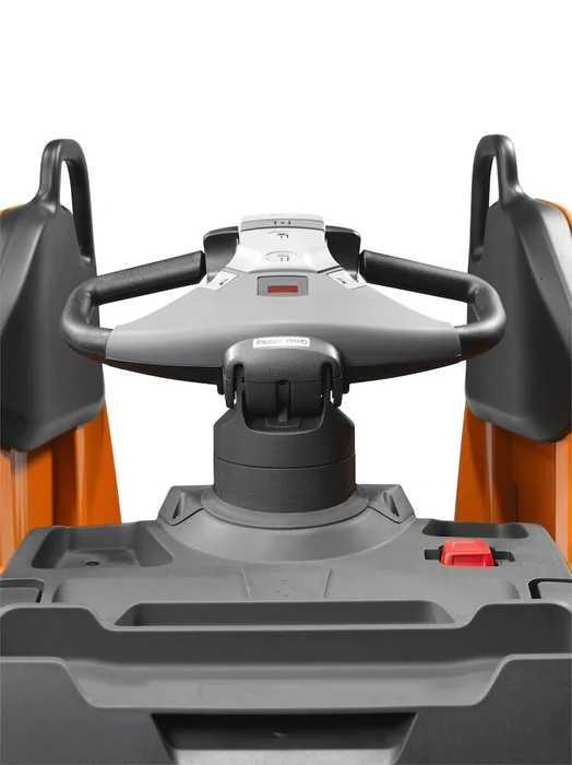 BT Levio LPE200 powered pallet truck, electric low-lifter with platform and fixed side guard option. Details photo taken from the front illustrating steering option. 