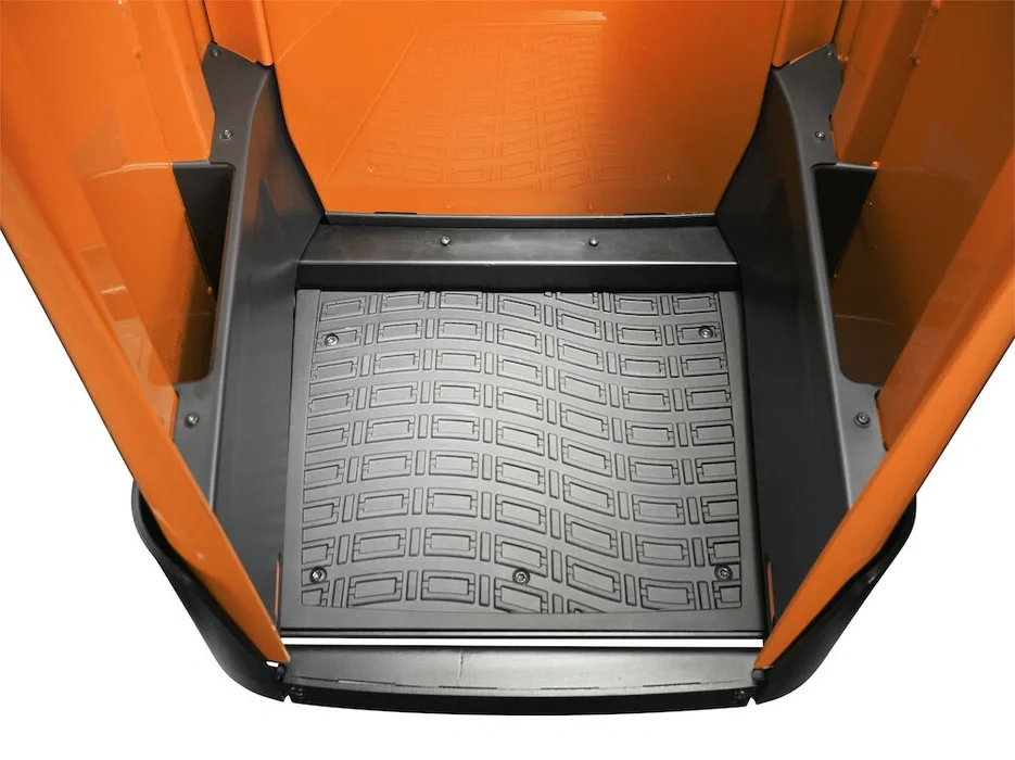 BT Levio LPE200 powered pallet truck, electric low-lifter with fixed side guard option. Details photo taken from the top illustrating floor and side guards. 