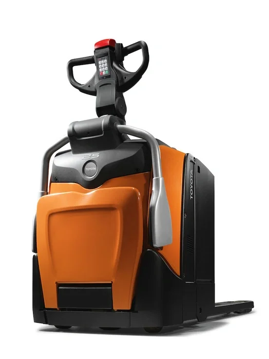 BT Levio LPE250 powered pallet truck, electric low-lifter with platform. Product photo taken from the back at an angle. 
