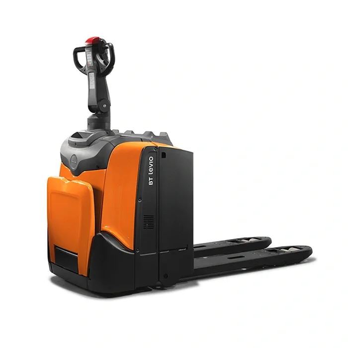 BT Levio LPE200 powered pallet truck, electric low-lifter with platform. Product photo taken from the back at an angle. 