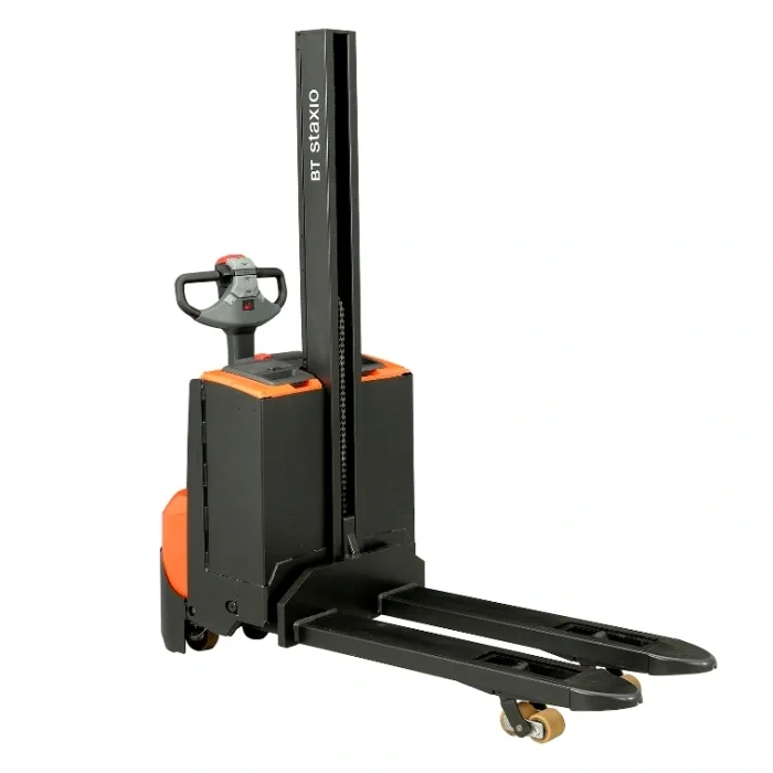 BT Staxio SWE080L electric walkie stacker with elevating support arms. Product photo taken from the front at an angle. 
