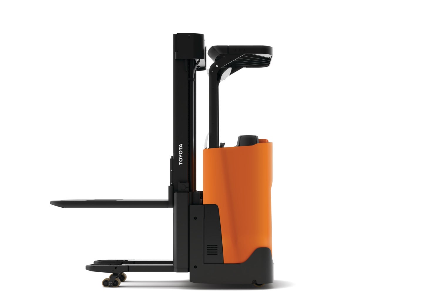 BT Staxio SSI160LN electric sit/stand stacker with elevating support arms. Product photo taken from the side.