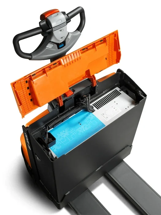 BT Levio LWE160 powered pallet truck, electric walkie low-lifter. Details photo of battery compartment. 