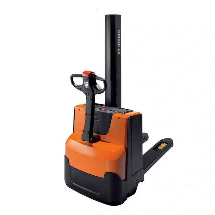 BT Staxio SWE080L electric walkie stacker with elevating support arm. Product photo taken from the back at an angle. 