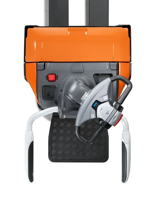 BT Levio LPE200B powered pallet truck, electric low-lifter with platform and sideguards. Product photo taken from above, illustrating steering angle.