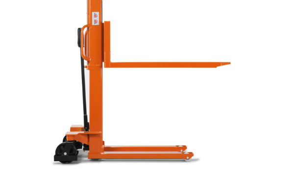 Product photo taken from the side of hand pallet truck with mast and forks raised. 