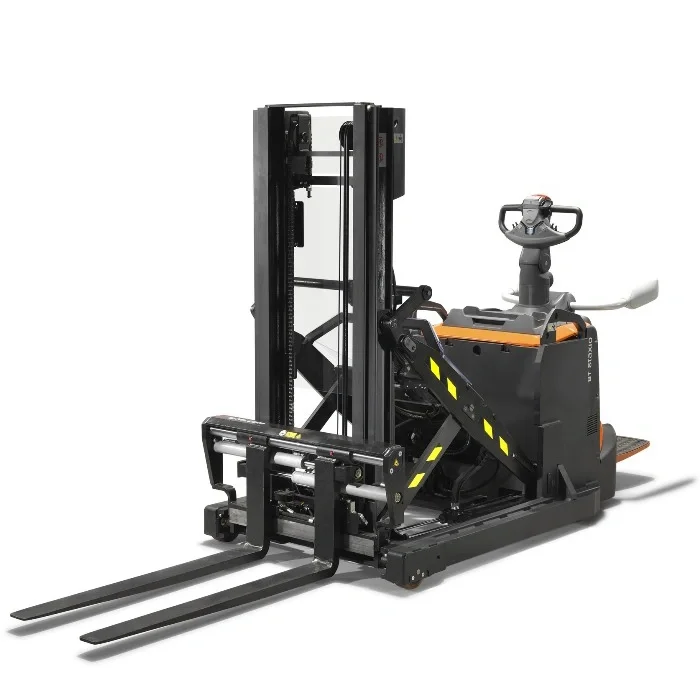 BT Staxio SPE120XR, electric stacker with reach mast, platform, and side guards. Product photo taken from the front at an angle.