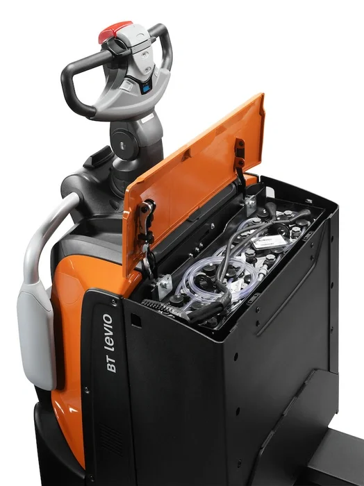 BT Levio LPE200B powered pallet truck, electric low-lifter. Details photo of battery compartment.