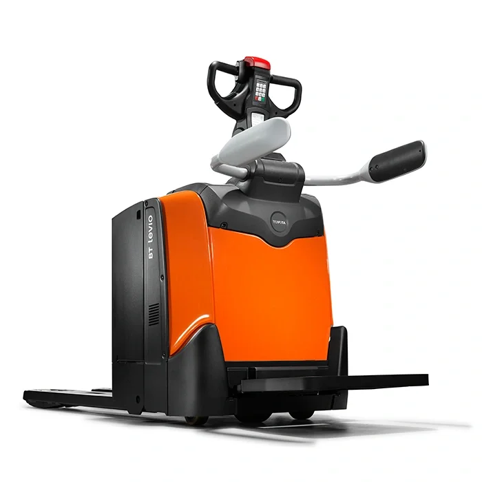 BT Levio LPE200B powered pallet truck, electric low-lifter with platform. Product photo taken from the back at an angle. 