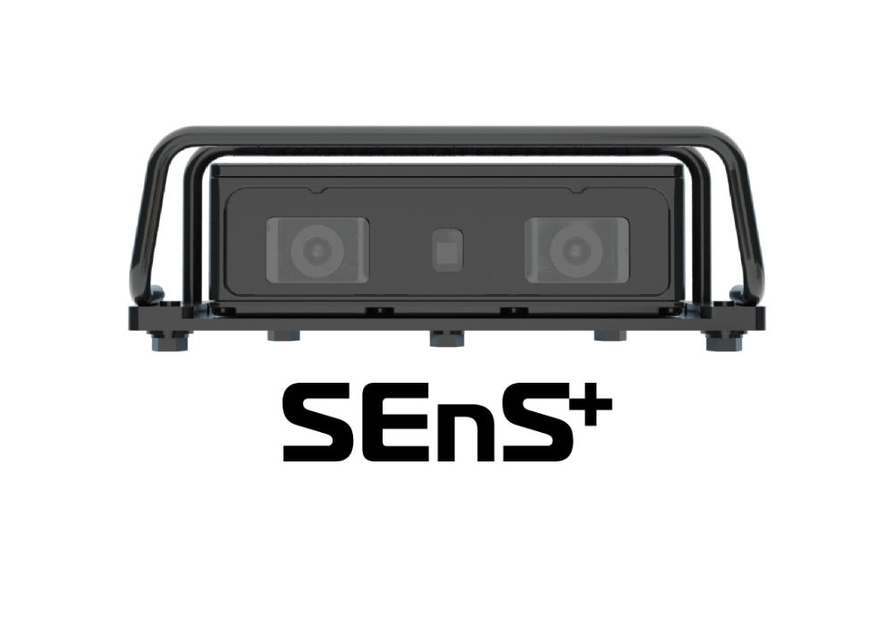 SEnS+ logotype and stereo camera and bracket