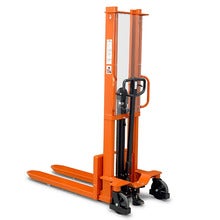 Toyota Lifter SHM080 hand pallet truck, manual stacker with forks lowered. Product photo from the back. 