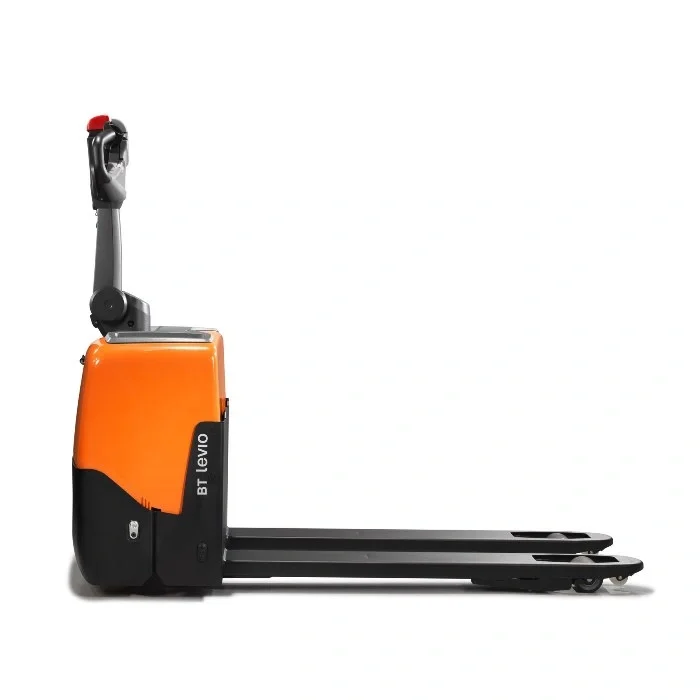 BT Levio LWE130 powered pallet truck, electric walkie low-lifter. Product photo taken from the side. 