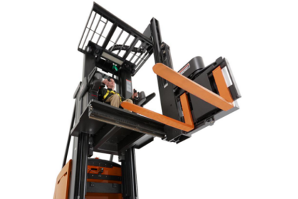 Product photo close-up of forklift turret in movement.
