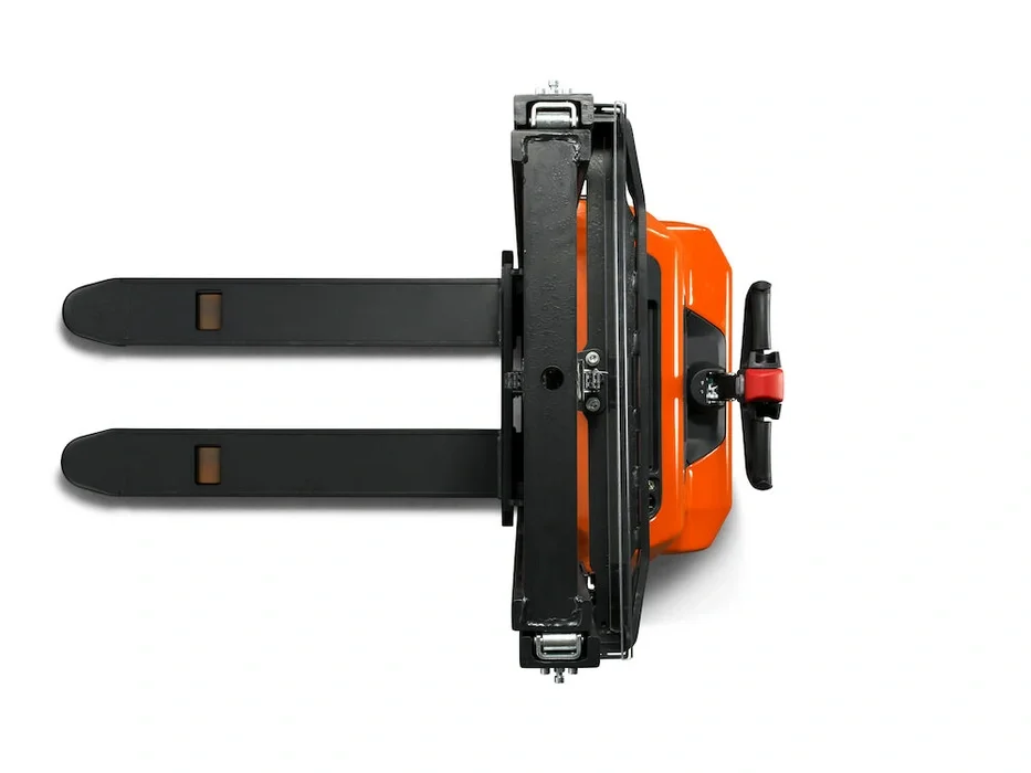 BT Tyro SHE100 walkie operated powered stacker. Product photo taken from the top.