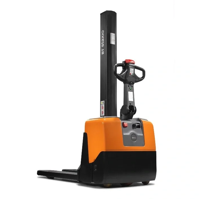 BT Staxio HWE100 powered stacker, electric walkie stacker truck. Product photo taken from the back at an angle. 