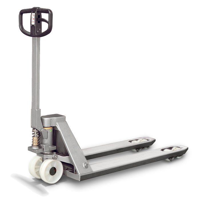 Toyota Lifter LHM200ST hand pallet truck, stainless steel. Product photo from the back. 
