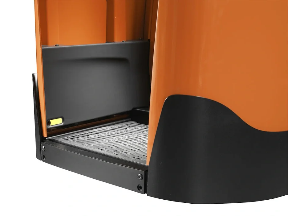 BT Levio LPE200 powered pallet truck, electric low-lifter with fixed side guard option. Details photo taken from the side at an angle illustrating floor and side guards. 
