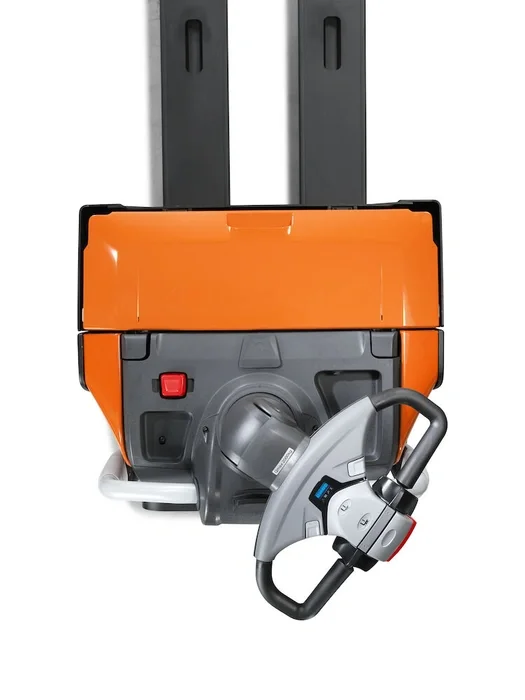 BT Levio LPE200B powered pallet truck, electric low-lifter with platform and sideguards. Product photo taken from above, illustrating steering angle.