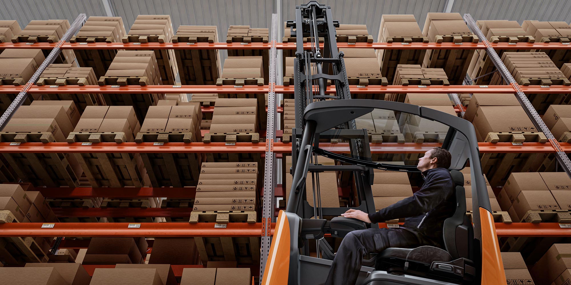 Toyota BT Reflex-series electric reach truck stacking goods while tilting cabin
