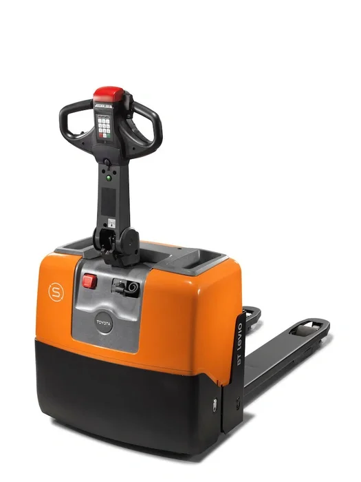 BT Levio LWE130 powered pallet truck, electric walkie low-lifter. Product photo taken from the back at an angle. 