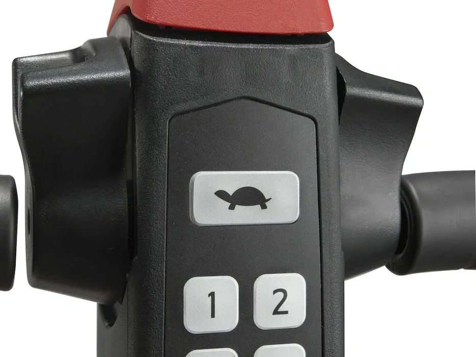 BT Tyro LHE150 powered pallet truck, electric low-lifter. Detail photo of handle bar.