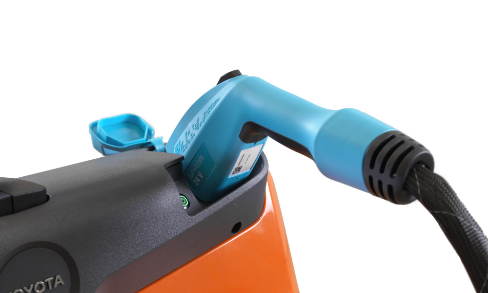 Close-up of litium-ion charging, handle in powered pallet truck