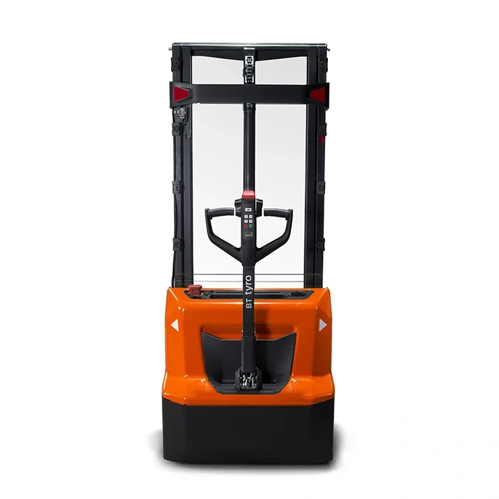 BT Tyro SHE100 walkie operated powered stacker. Product photo taken from the back.